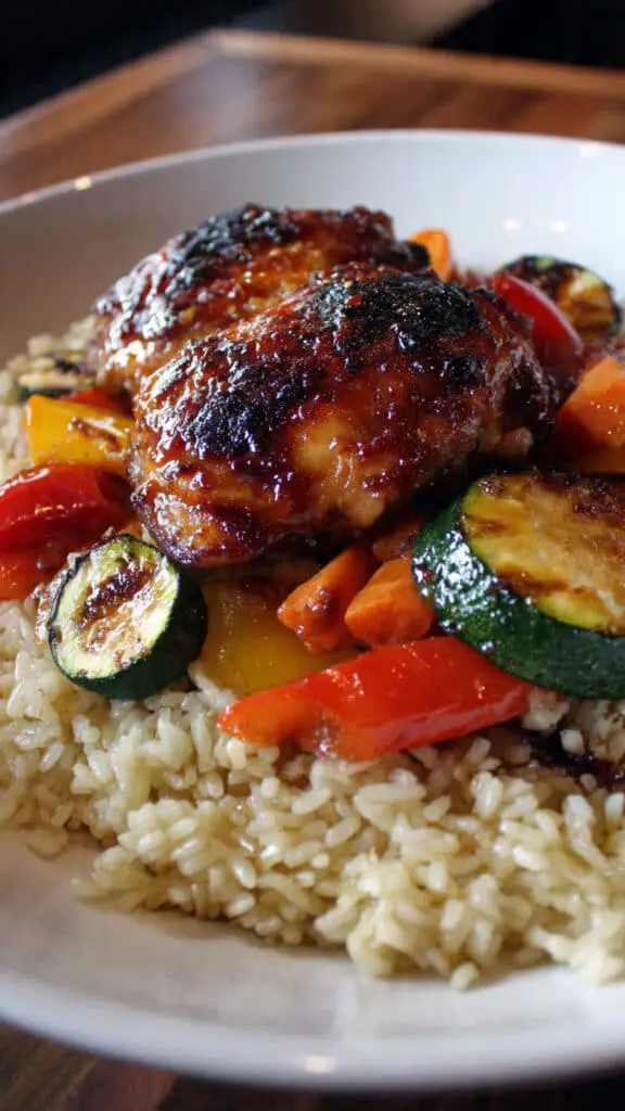 Assiette complète riz pilaf poulet miel tranché légumes rôtis artistique