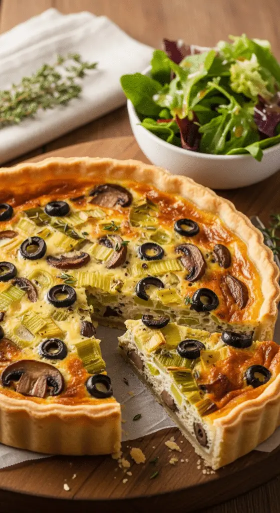 Service élégant quiche poireaux champignons olives assiettes blanches