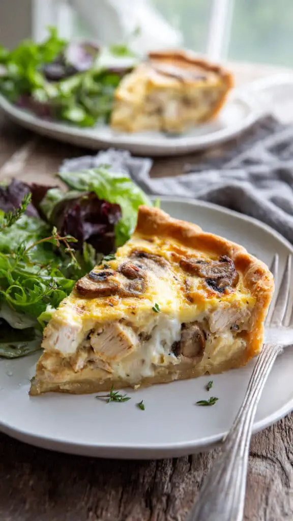 Part quiche poulet champignons fromage servie avec salade verte fraîche