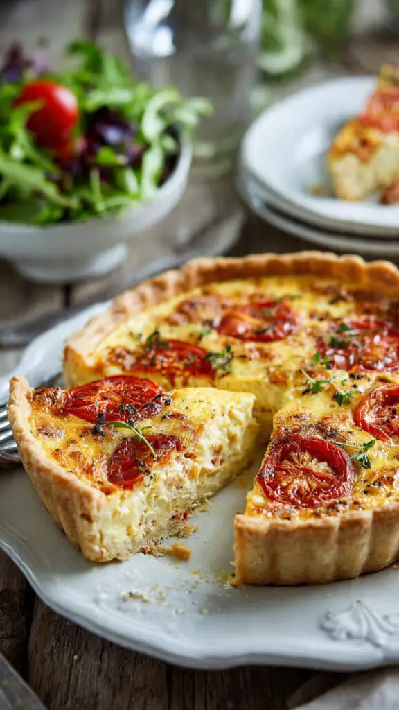 Service élégant quiche thon tomate assiettes blanches parts