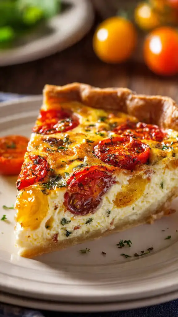 Service élégant quiche tomates cerises assiettes blanches estivales