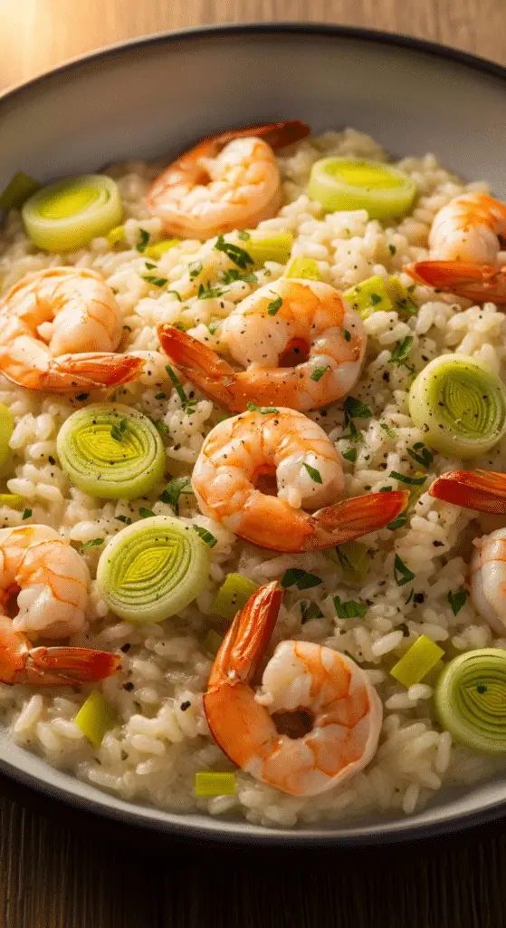 Service élégant risotto crémeux crevettes poireaux assiettes blanches