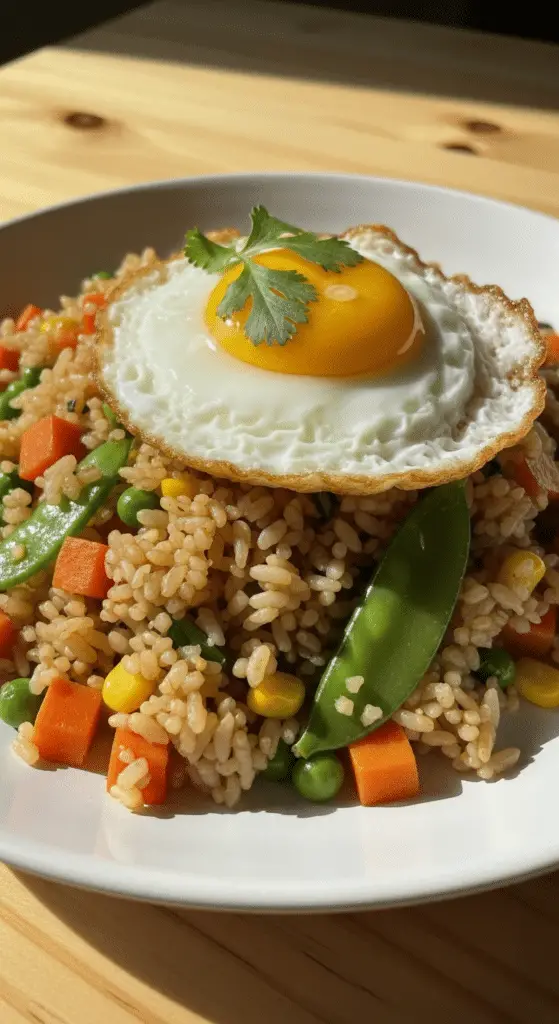 Bol riz sauté légumes servi avec œuf au plat jaune coulant baguettes