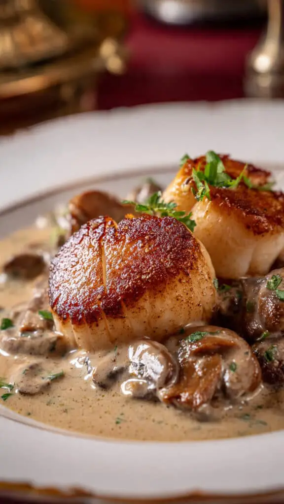 Service élégant Saint-Jacques crème champignons assiettes blanches