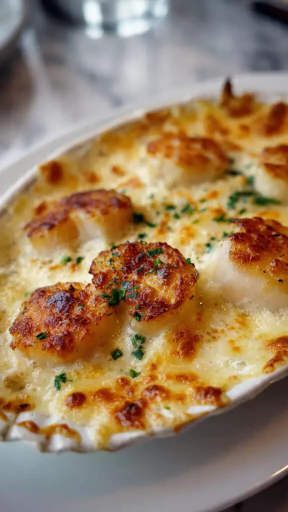 Saint-Jacques gratinées servies coquilles persil citron