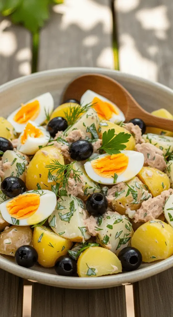Service élégant salade pommes terre thon œufs olives assiette blanche