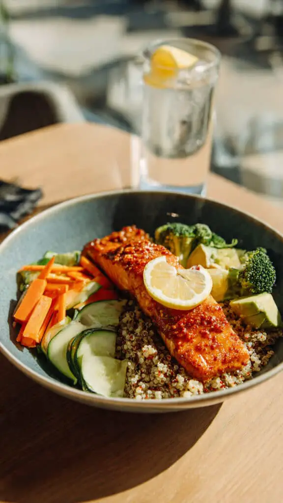 Service élégant saumon épicé quinoa légumes vapeur bol moderne