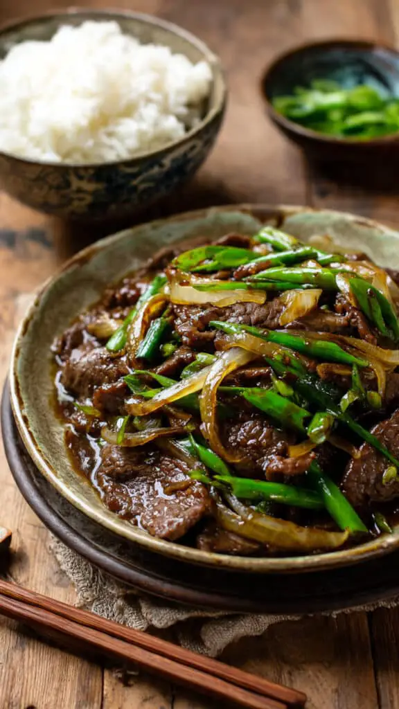 Service traditionnel sauté bœuf oignons chinois bol asiatique