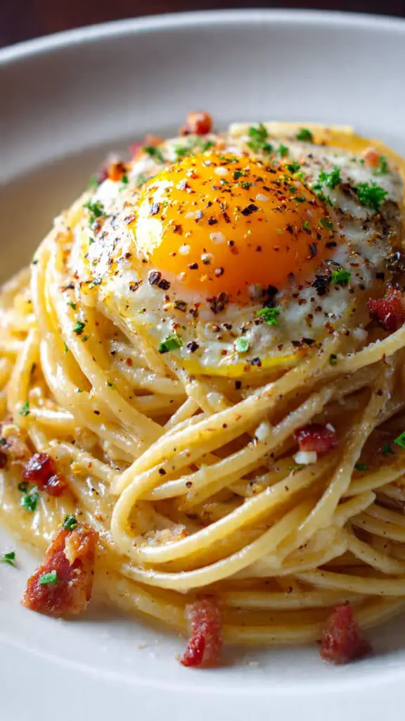 Service romantique spaghettis carbonara œuf coulant jaune qui coule