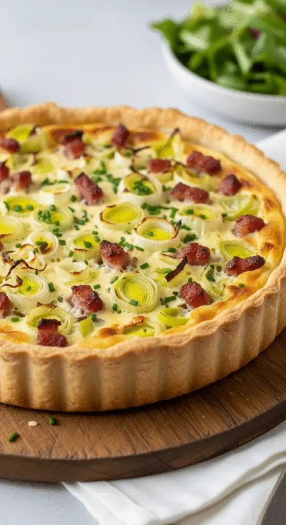 Part tarte poireaux lardons servie avec salade verte croquante