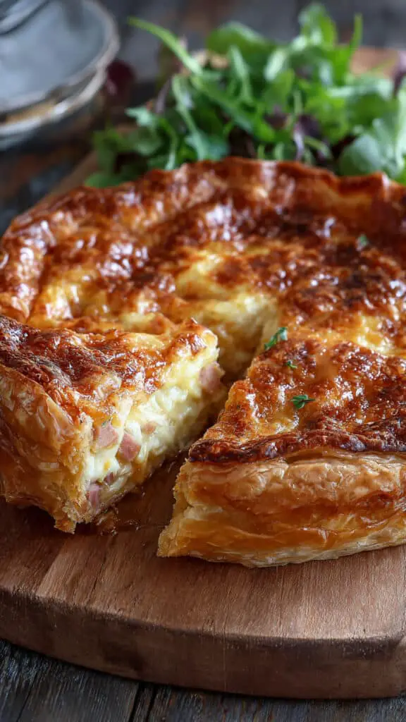 Service convivial tourte feuilletée jambon-fromage planche rustique