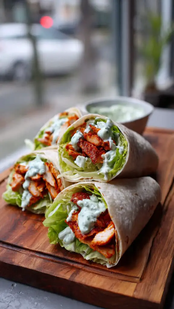 Service élégant wrap poulet épicé avocat yaourt planche rustique