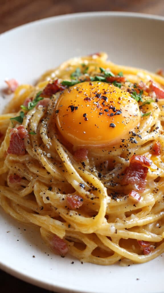 Spaghettis carbonara œuf coulant crémeux authentique romain irrésistible