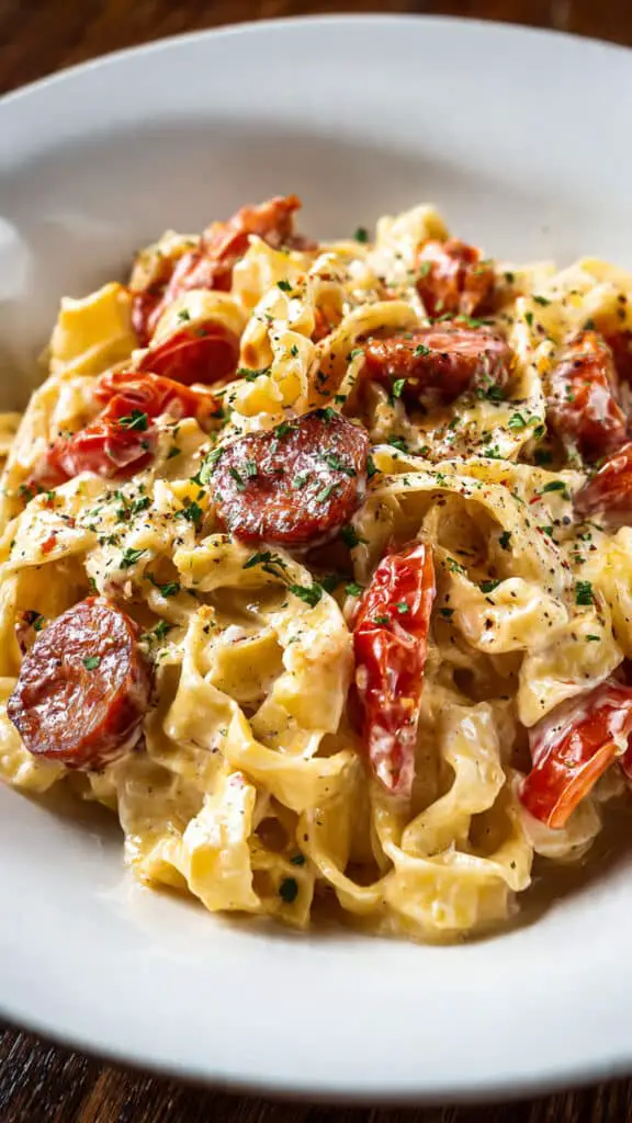 Tagliatelles chorizo crème sauce onctueuse rondelles fumées persil frais