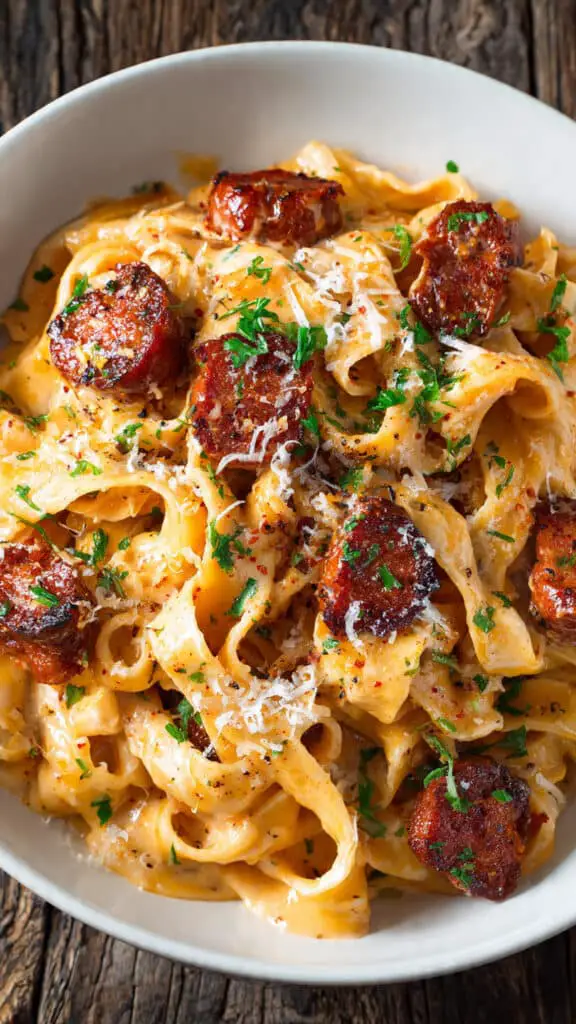 Tagliatelles chorizo crème sauce onctueuse rondelles fumées persil frais