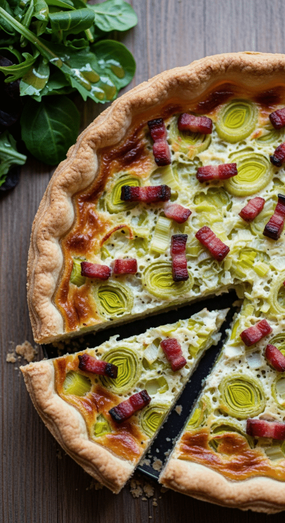 Tarte salée poireaux lardons avec croûte fromage dorée gratinée