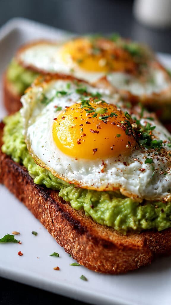 Toast avocat œuf au plat croustillant jaune coulant sur pain grillé graines