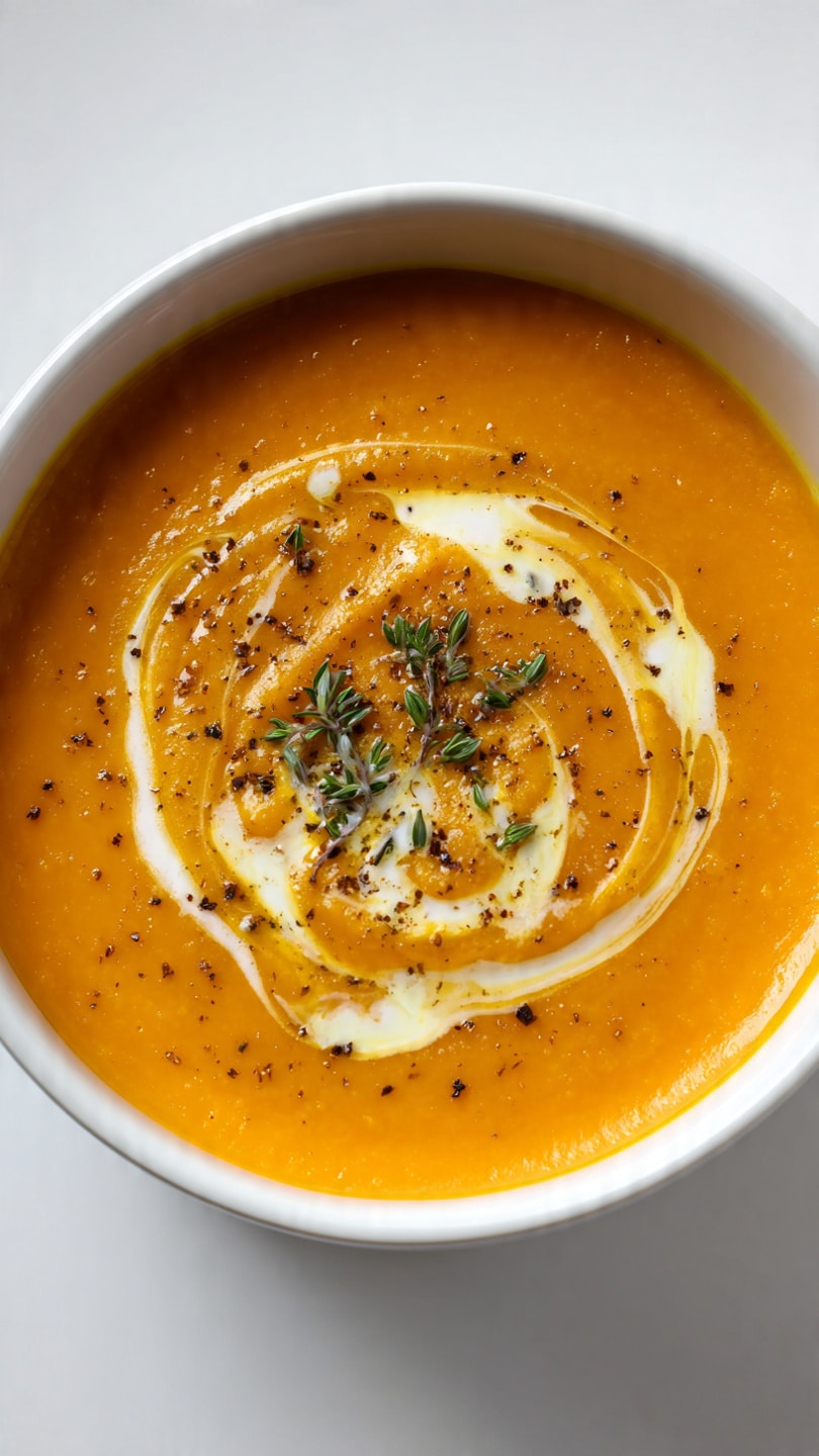 Velouté carottes patate douce curry orange vibrant crème fraîche swirl fumant