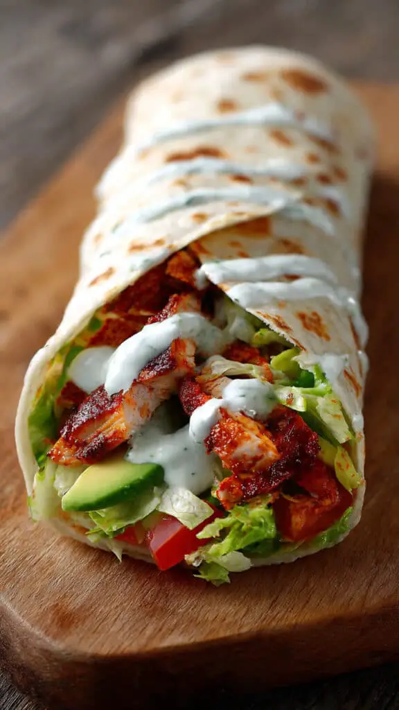 Wrap poulet épicé avocat sauce yaourt coloré généreux street food