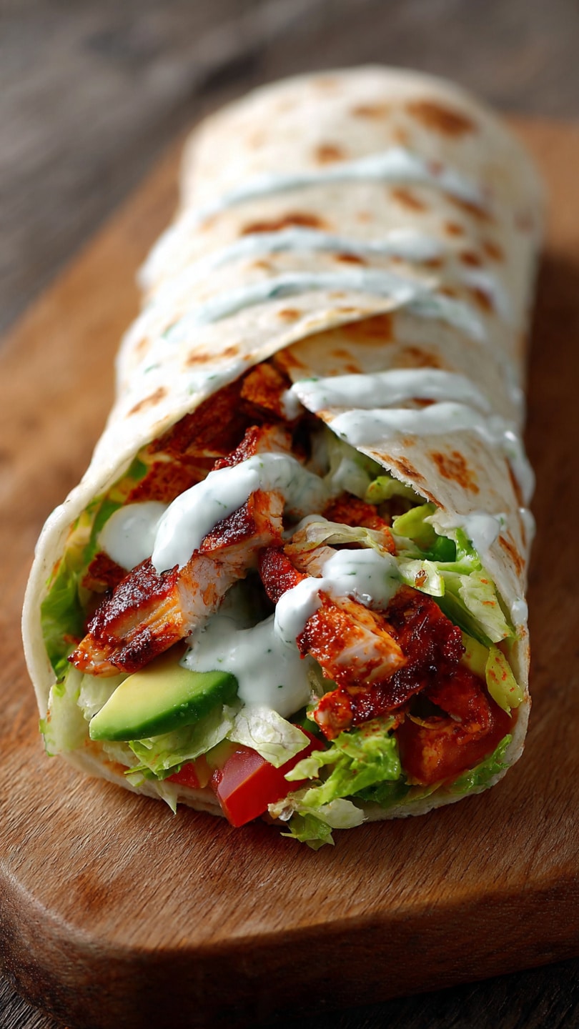 Wrap poulet épicé avocat sauce yaourt coloré généreux street food